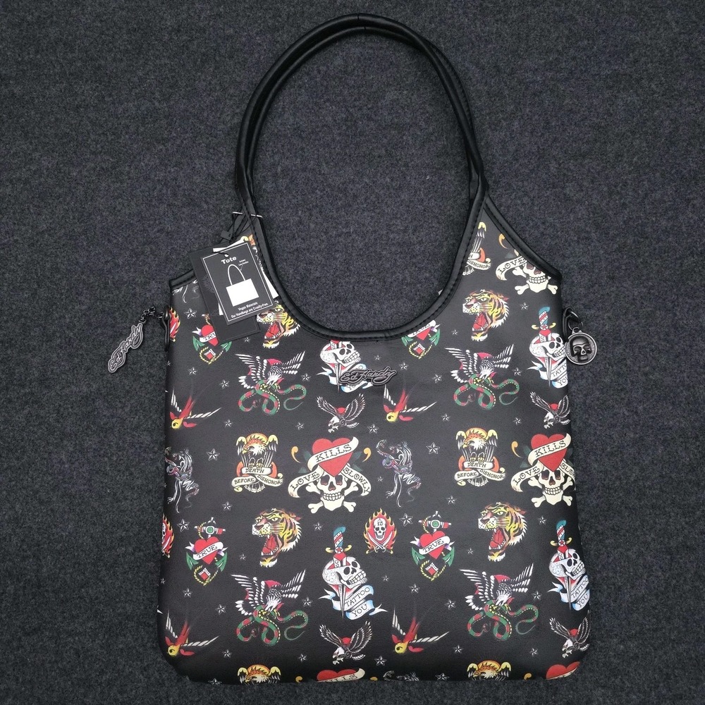 New Ed Hardy Tattoo Print Tote Bag Skull, Tiger & Swallow‎ Graphic Shoulder Bag